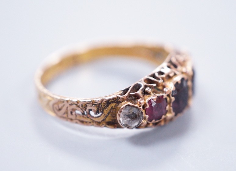 A late Victorian 15ct gold and graduated gem set 'Regard' ring, size K, gross 2 grams, hallmarked for Birmingham, 1899.